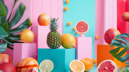 A lively arrangement of tropical fruits including pineapple, grapefruit, and lemons placed on colorful geometric blocks, creating a modern, playful composition.の素材