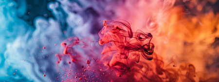 An abstract composition of vibrant red, orange, and blue ink swirling in water, creating a mesmerizing and dynamic visual effect.の素材