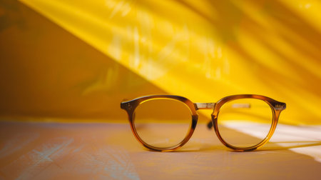 A pair of vintage-style tortoiseshell glasses placed on a bright yellow background with soft shadows, creating a stylish and retro look.の素材