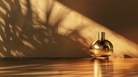 A luxurious golden perfume bottle illuminated by soft, dramatic lighting, set against a textured wall with artistic shadow patterns.の素材
