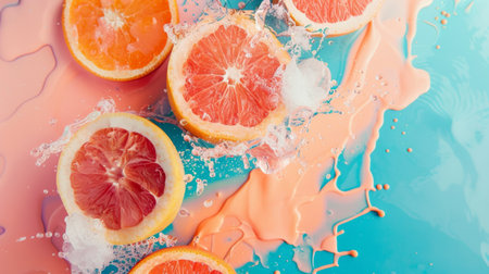 Juicy grapefruit slices with vibrant colors and water splashes, placed on a pastel background, creating a refreshing and artistic composition.の素材