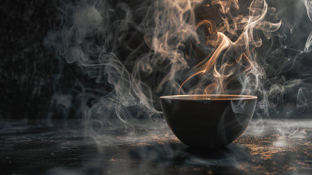A cup of tea with elegant swirls of steam rising, set against a moody dark background, capturing warmth and comfort.の素材