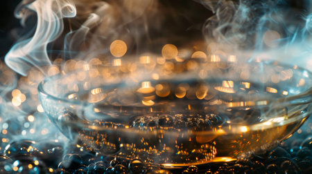 A close-up of a glass bowl emitting steam, with a glowing golden bokeh background, creating a warm and magical atmosphere.の素材
