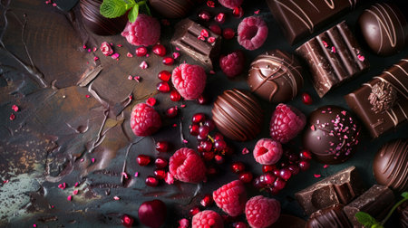 A decadent assortment of dark chocolate truffles, fresh raspberries, and pomegranate seeds arranged on a textured dark surface, creating a gourmet indulgence.の素材