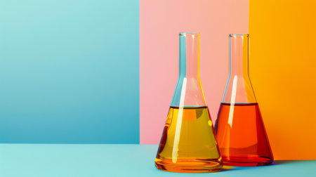 Two transparent glass flasks filled with colorful liquids placed on a gradient background of blue, pink, and yellow, creating a striking and modern visual.の素材