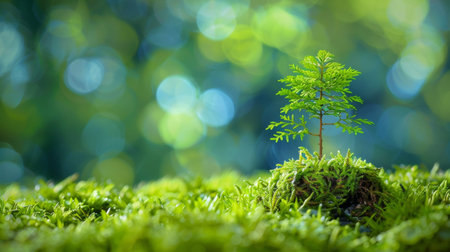 A serene image of a small tree sapling sprouting from vibrant green moss, with a blurred bokeh background evoking growth and natural beauty.の素材