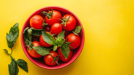 Top view of fresh red tomatoes with green basil leaves in a red bowl, placed on a vibrant yellow background. Ideal for healthy food, Italian cuisine, and fresh produce themes.の素材