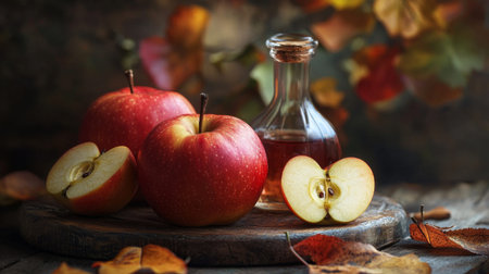 Close-up of fresh red apples, sliced apple halves, and a bottle of apple cider arranged on a rustic wooden surface with autumn leaves in the background.の素材