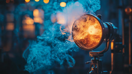 A glowing retro spotlight surrounded by swirling smoke in a moody, cinematic atmosphere. Perfect for creative and industrial themes.の素材