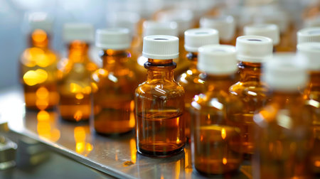 Rows of amber glass bottles with white caps, neatly arranged in a bright laboratory environment, showcasing a clean and professional setting.の素材