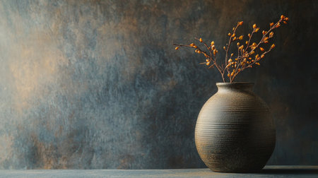 A rustic ceramic vase holding dried branches, set against a textured, muted background, creating a vintage-inspired minimalist scene.の素材