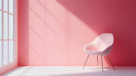 A sleek pink chair placed in a minimalist pink room with sunlight streaming through a window, creating soft shadows on the wall.の素材