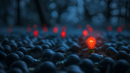 A conceptual image of a single glowing lightbulb amidst a field of dim bulbs in a dark setting, symbolizing creativity and innovation.の素材