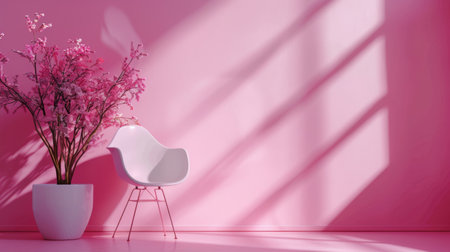 Stylish minimalist interior featuring a white modern chair and a vase of pink blossoming flowers, set against a soft pink wall with dramatic shadows.の素材