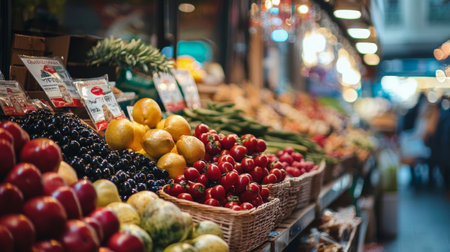 A lively market scene featuring vibrant baskets of fruits and vegetables, including tomatoes, lemons, and berries, arranged on rustic displays under soft lighting.の素材