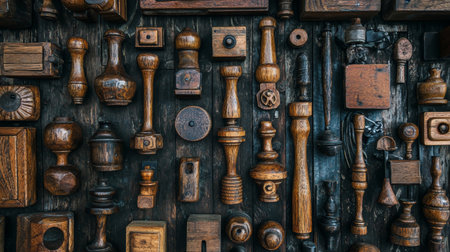 A collection of vintage wooden objects and tools carefully arranged on a textured dark background, showcasing craftsmanship and rustic charm.の素材