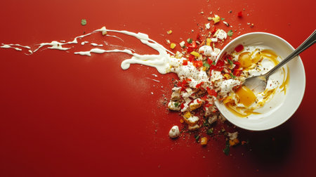 A visually striking creative food composition featuring spilled ingredients including eggs, spices, and herbs on a vibrant red background.の素材