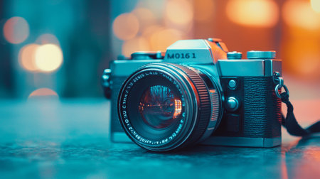 Close-up of a vintage film camera with a reflective lens, set against a vibrant bokeh background in orange and teal tones.の素材