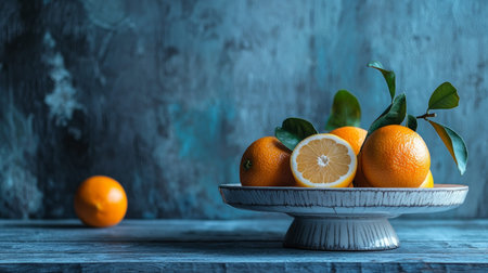 Bright fresh oranges with vibrant green leaves displayed on a rustic ceramic pedestal plate, set against a textured blue background.の素材