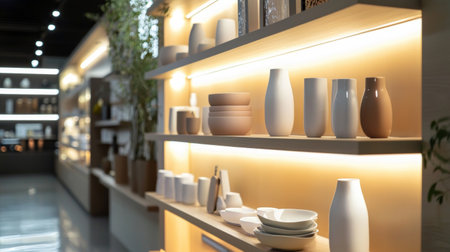 A display of ceramic kitchenware on minimalist illuminated shelves, showcasing clean design and modern aesthetics.の素材