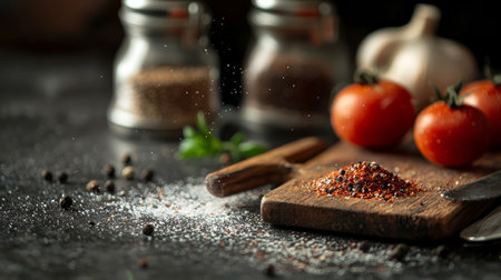 Spices, salt, and fresh vegetables on a rustic wooden board with blurred background, perfect for cooking and culinary themes.の素材