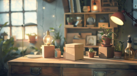 A warm and cozy workspace featuring wooden furniture, potted plants, and soft natural lighting creating a serene atmosphere.の素材