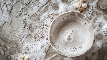 A creative macro shot of foam and water patterns with subtle light effects, evoking an artistic and abstract feel.の素材