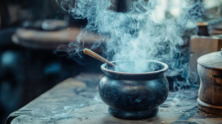 A dark and atmospheric composition featuring a steaming pot on a rustic table, with rich textures and moody lighting creating a dramatic culinary scene.の素材