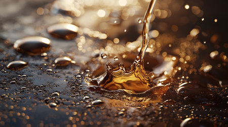 A close-up of golden liquid being poured, surrounded by a warm glow and abstract bokeh lights, evoking luxury and refinement.の素材