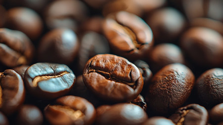 A macro close-up of roasted coffee beans, showing their rich textures and warm tones, creating an appetizing and aromatic visual.の素材