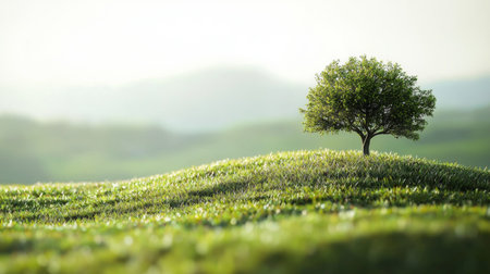 A serene landscape of a lush green hill featuring a solitary tree under soft sunlight, creating a peaceful and natural ambiance.の素材