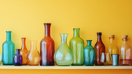 A row of colorful glass bottles with unique shapes and textures displayed on a bright yellow background, creating a vivid and modern aesthetic.の素材