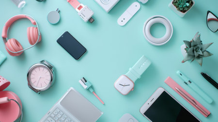 Organized flat lay of pink and mint-colored gadgets, including headphones, watches, smartphones, and office supplies on a mint backdrop.の素材