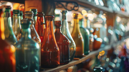 A collection of vintage glass bottles displayed on a wooden shelf, illuminated with warm, artistic bokeh lighting.の素材