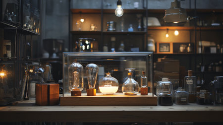 A moody vintage laboratory scene with various glass apparatus and warm lighting, showcasing a scientific and nostalgic ambiance.の素材