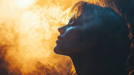 A captivating silhouette of a woman surrounded by dramatic lighting and swirling smoke. Perfect for conceptual art and creative photography projects.の素材