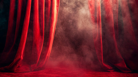 Close-up of luxurious red stage curtains with a smoky atmosphere, creating a dramatic and theatrical setting, perfect for performances and presentations.の素材
