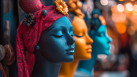 A row of artistic mannequin heads in bold colors and elaborate setting accessories, displayed in a creative with dramatic bokeh lighting.の素材