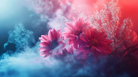 Close-up of delicate pink flowers surrounded by ethereal smoke and vibrant red and blue lighting, creating a dreamlike atmosphere.の素材