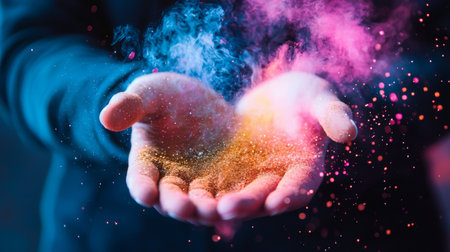 Close-up of hands cupping vibrant colored powder with glowing particles and smoky effects, symbolizing creativity and celebration against a dark background.の素材