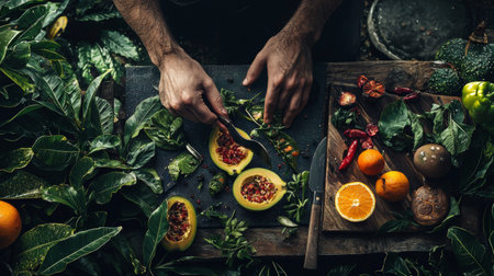A chef's hands slicing tropical fruits, surrounded by fresh produce and herbs, on a rustic table in a lush green setting.の素材