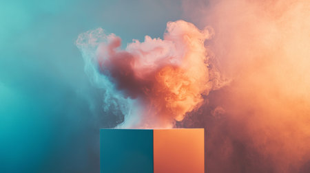 An artistic composition featuring a vibrant cloud of orange and blue smoke rising from abstract geometric shapes, creating a surreal visual effect.の素材