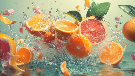 Fresh orange and grapefruit slices splashing into water with droplets and petals, captured in vibrant motion against a light background.の素材