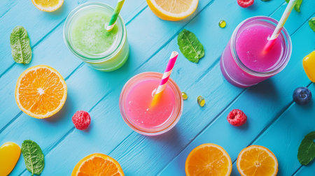 Top view of vibrant smoothies in jars with colorful straws, surrounded by fresh fruits and leaves on a bright blue wooden surface.の素材