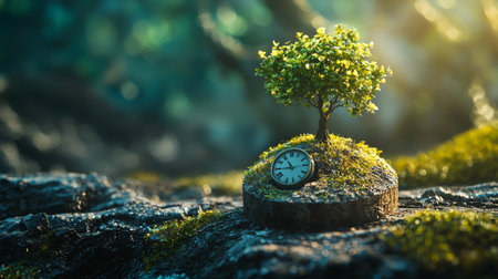 A miniature tree with lush greenery and a vintage clock placed on a mossy surface, illuminated by golden sunlight in a serene scene.の素材