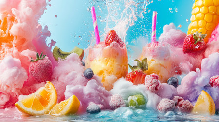 Vivid tropical fruit drinks with splashes, surrounded by strawberries, kiwis, and orange slices in a colorful and playful scene.の素材