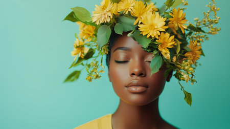 Elegant portrait of a serene woman wearing a yellow floral crown, set against a fresh green background with a natural vibe.の素材