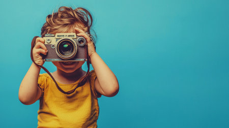 Adorable child wearing a yellow shirt, holding a vintage camera against a vibrant blue background, showing creativity and joy.の素材