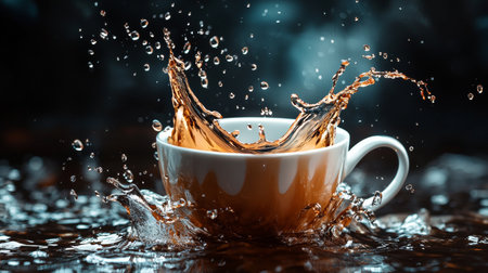 A dynamic image of coffee splashing out of a white cup with droplets captured mid-air, set against a dark moody background, creating a sense of energy and motion.の素材