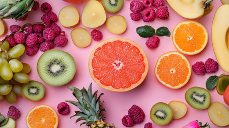 Flat lay of assorted fruits including grapefruit, kiwi, raspberries, and mango slices on a pastel pink background, creating a colorful and fresh composition.の素材
